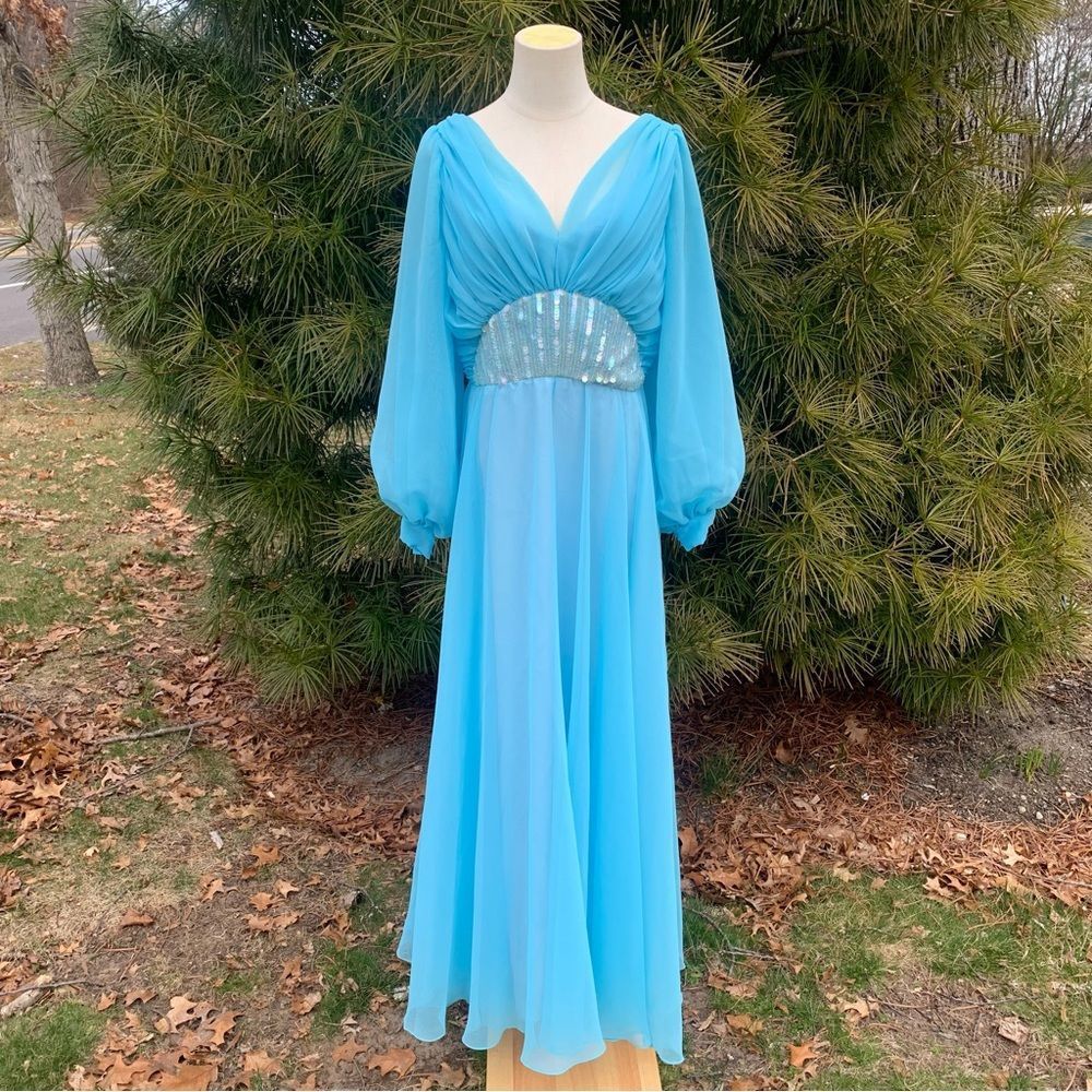 70’s Vintage Sequin Blue Gown Dress Fairy